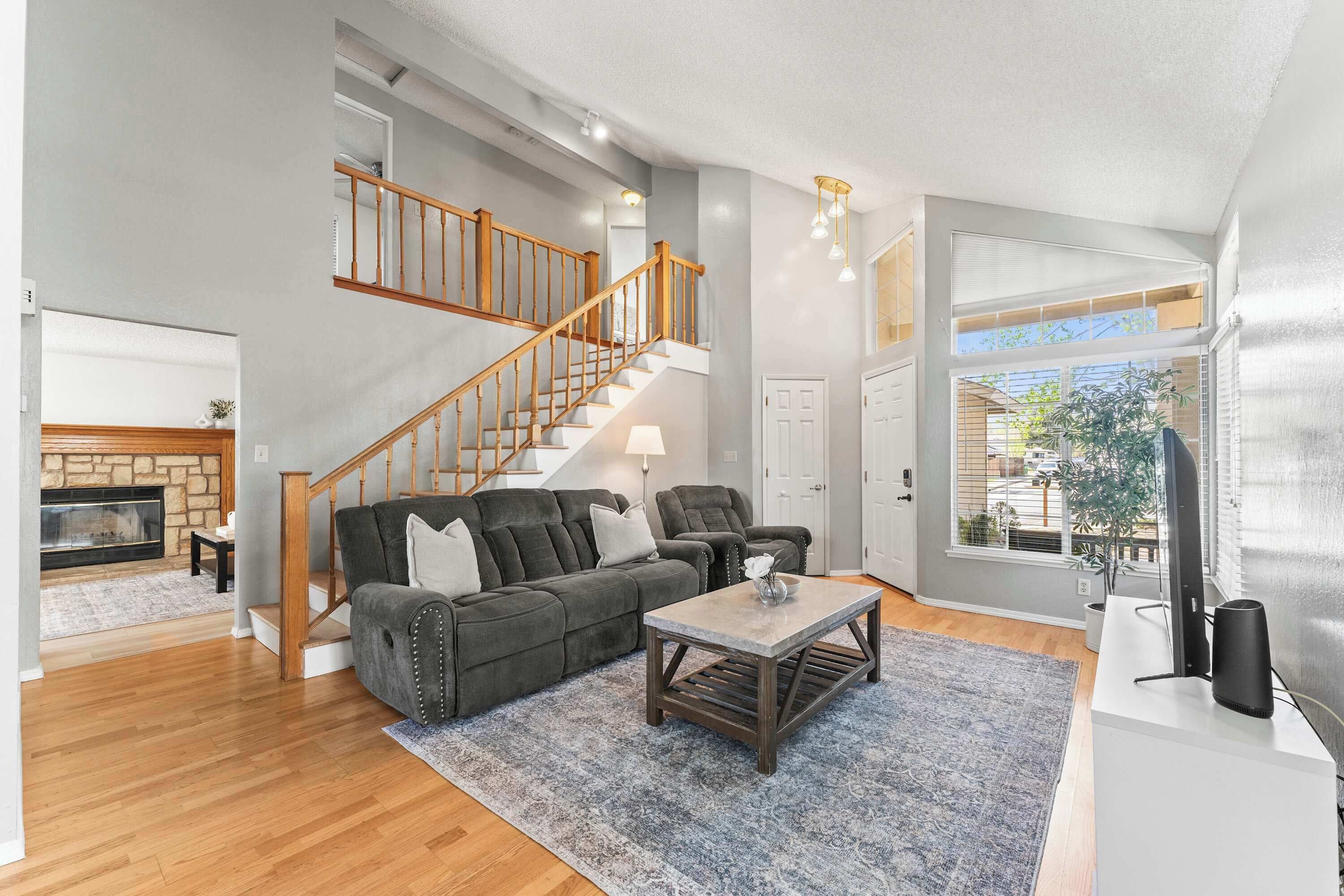 TV, fireplace, books, offices