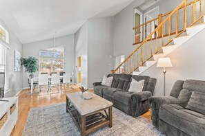 TV, fireplace, books, offices