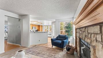 TV, fireplace, books, offices