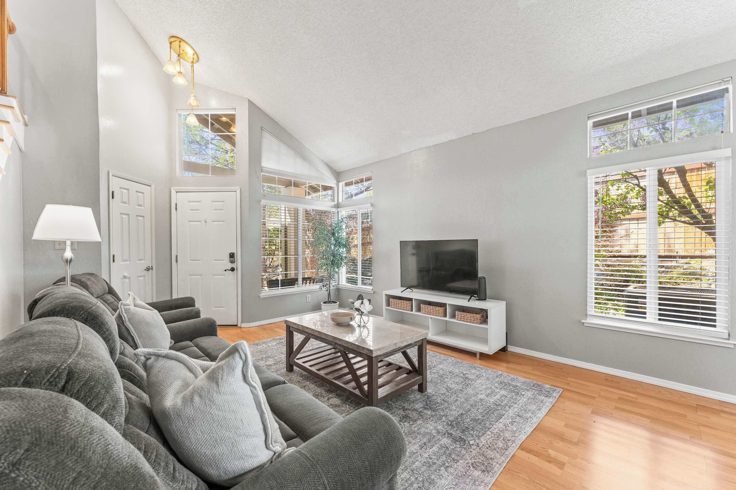 TV, fireplace, books, offices