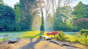 A park with a paved area, a bench, and a small body of water. - Secluded 5rooms Farmhouse – Spacious Garden, BBQ & Pet-Friendly，Edge Hamilton (Matangi)