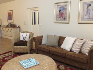 Smart TV, fireplace, DVD player, books