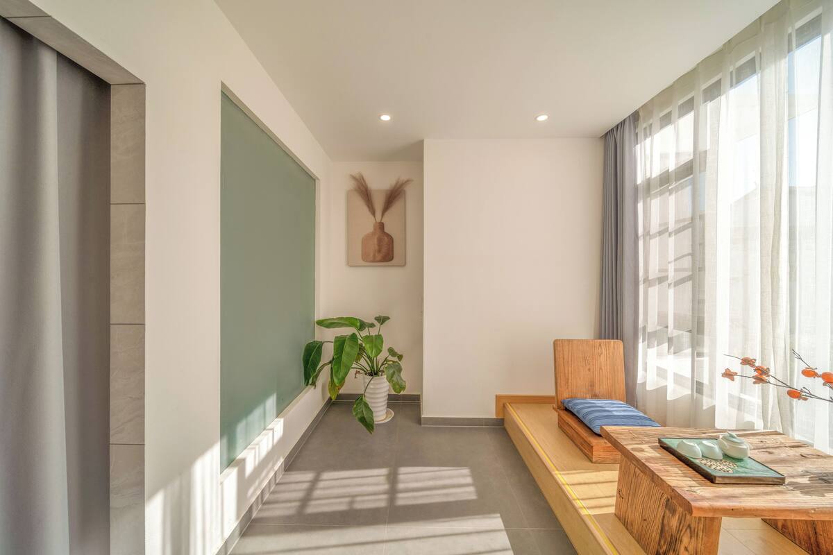 A modern living room with a sofa, a coffee table, and a plant.