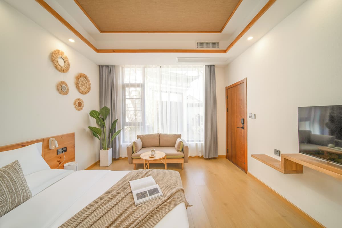 A hotel room with a bed, a sofa, a TV, and a plant.