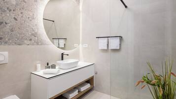 Hair dryer, towels, soap, shampoo