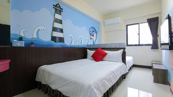 A hotel room with a large bed, a smaller bed, a nightstand, a wall mural, a window, and a curtain.