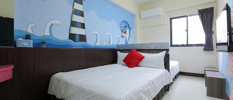A hotel room with a large bed, a smaller bed, a nightstand, a wall mural, a window, and a curtain.