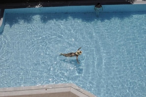 Una piscina con agua cristalina y una persona nadando.
