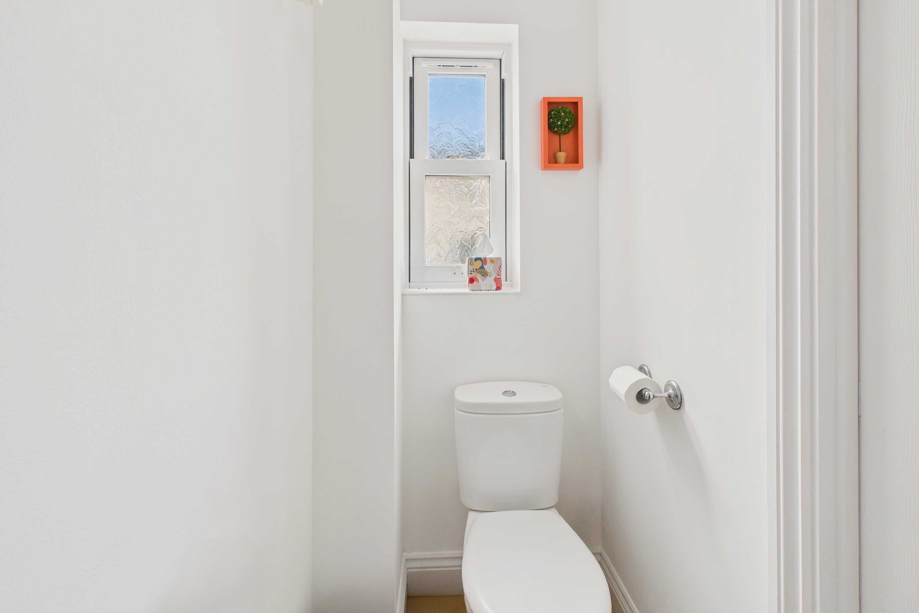 Un baño pequeño y blanco con inodoro, ventana y un estante con una planta.