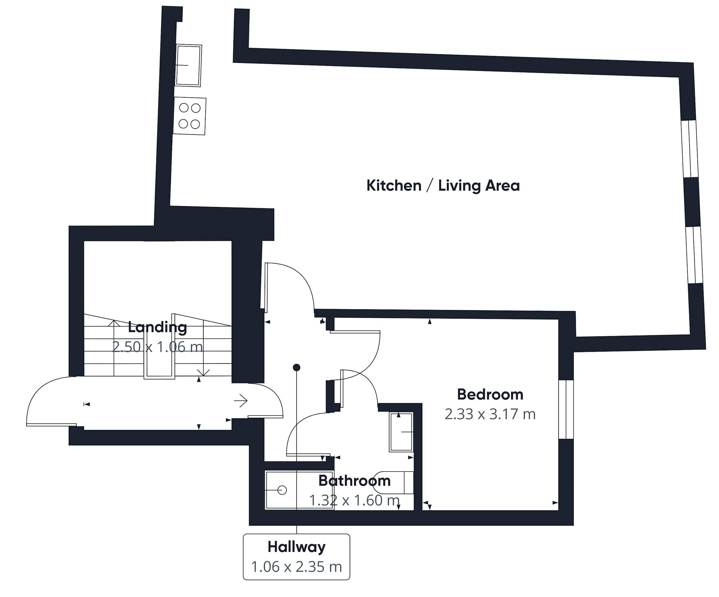 A floor plan with a landing, kitchen/living area, bedroom, bathroom, and hallway.