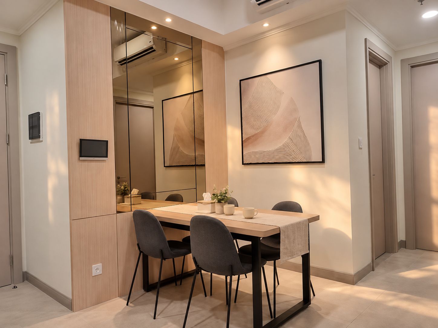 Un comedor moderno con una mesa de madera, cuatro sillas, un televisor de pantalla plana y un cuadro abstracto enmarcado.