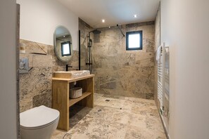 Hair dryer, towels, soap, toilet paper
