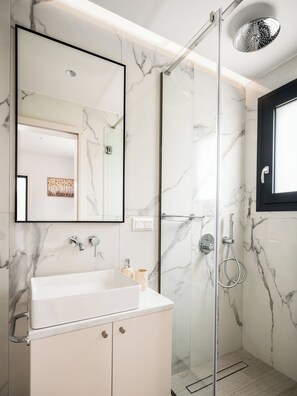 Apartment, 1 Bedroom, Kitchenette | Bathroom | Shower, free toiletries, hair dryer, slippers - The 7 Suites, An Elegant Living in Ipsos by Konnect (Corfu)