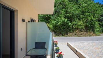 A balcony with a chair, potted plants, and a view of a road and greenery.