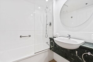 Hair dryer, towels, soap, shampoo