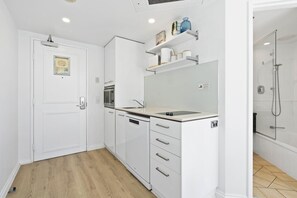 Hair dryer, towels, soap, shampoo