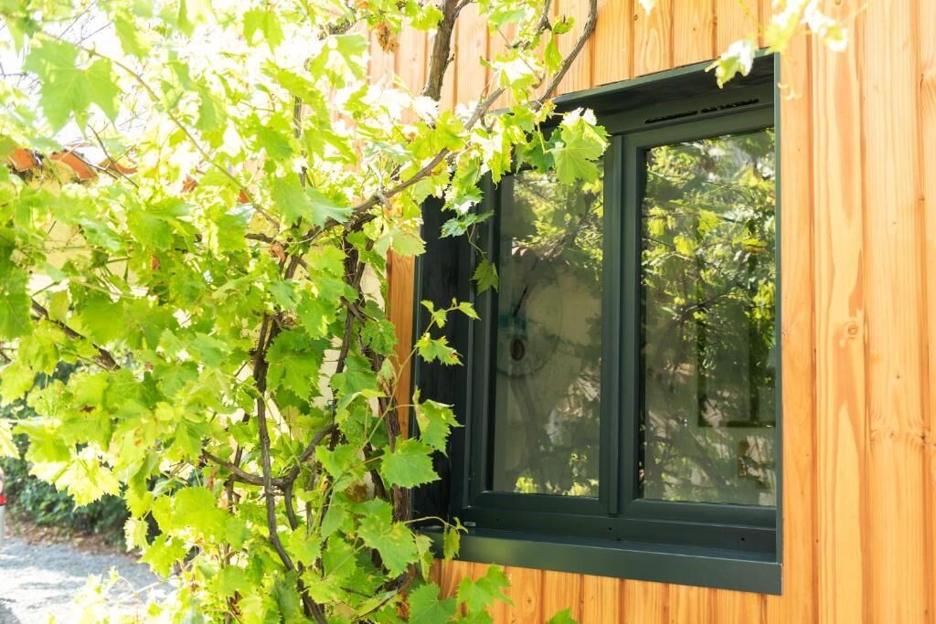 Une cabane en bois avec une fenêtre encadrée de noir, entourée d’un feuillage verdoyant et luxuriant.