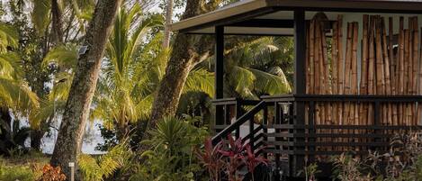 A covered outdoor area with a wooden staircase leading to a building, surrounded by lush greenery and palm trees.
