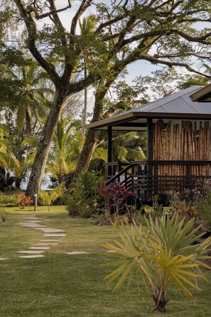 A covered outdoor area with a wooden staircase leading to a building, surrounded by lush greenery and palm trees.