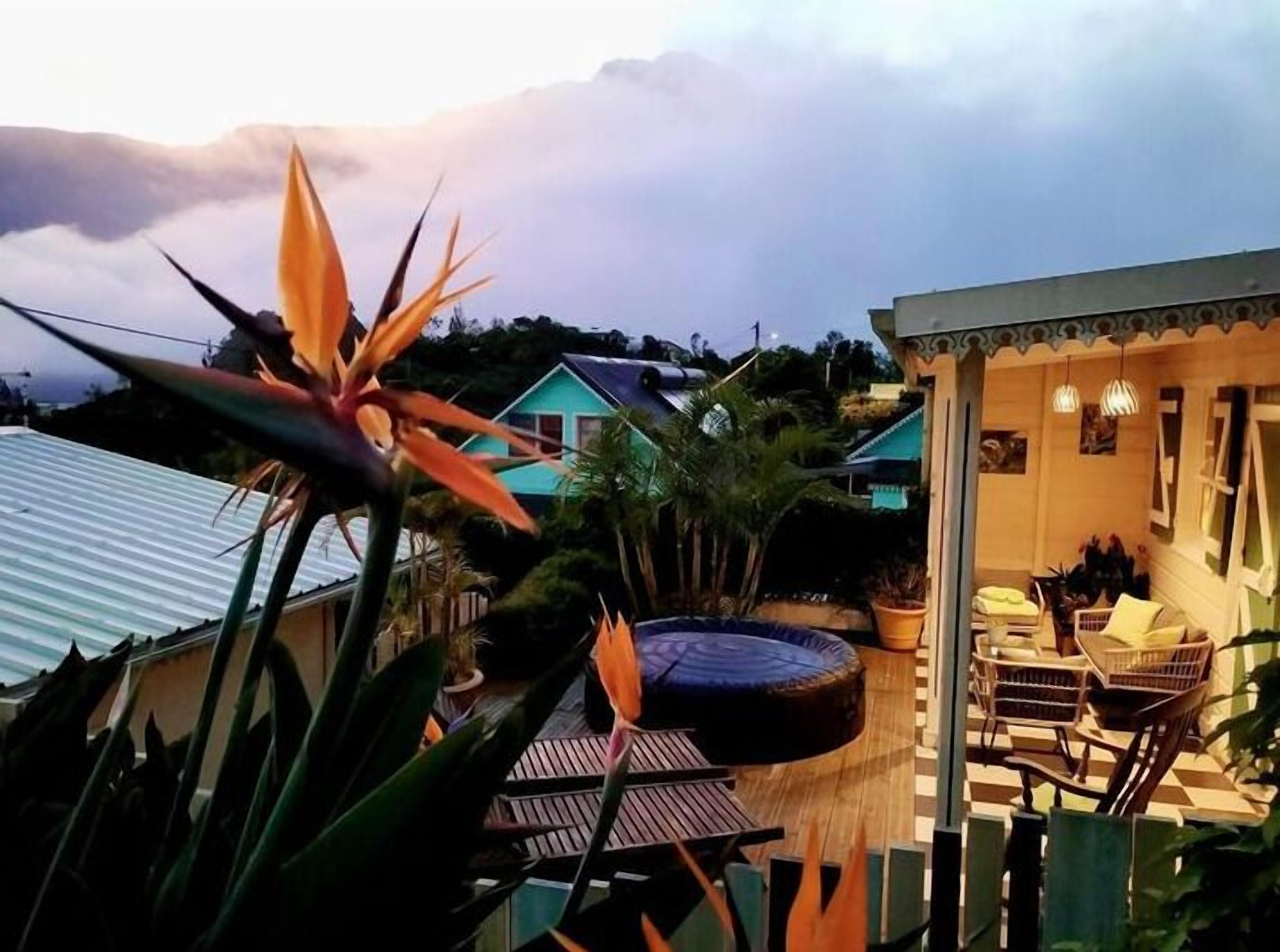 A rooftop terrace with a hot tub, outdoor seating, and tropical plants.
