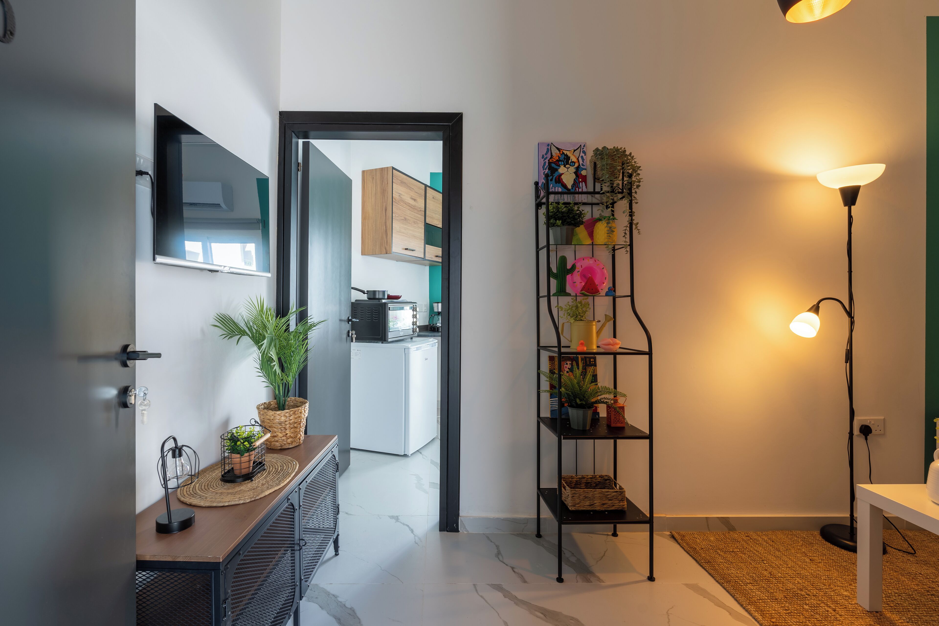A modern kitchen with a microwave, toaster, and sink. There is a plant shelf with various plants and a floor lamp.