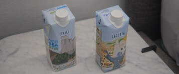 Dos cartones de leche sobre una encimera de mármol.