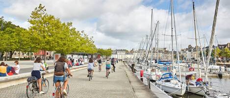 A marina with boats docked, a cobblestone walkway, and people cycling and walking.