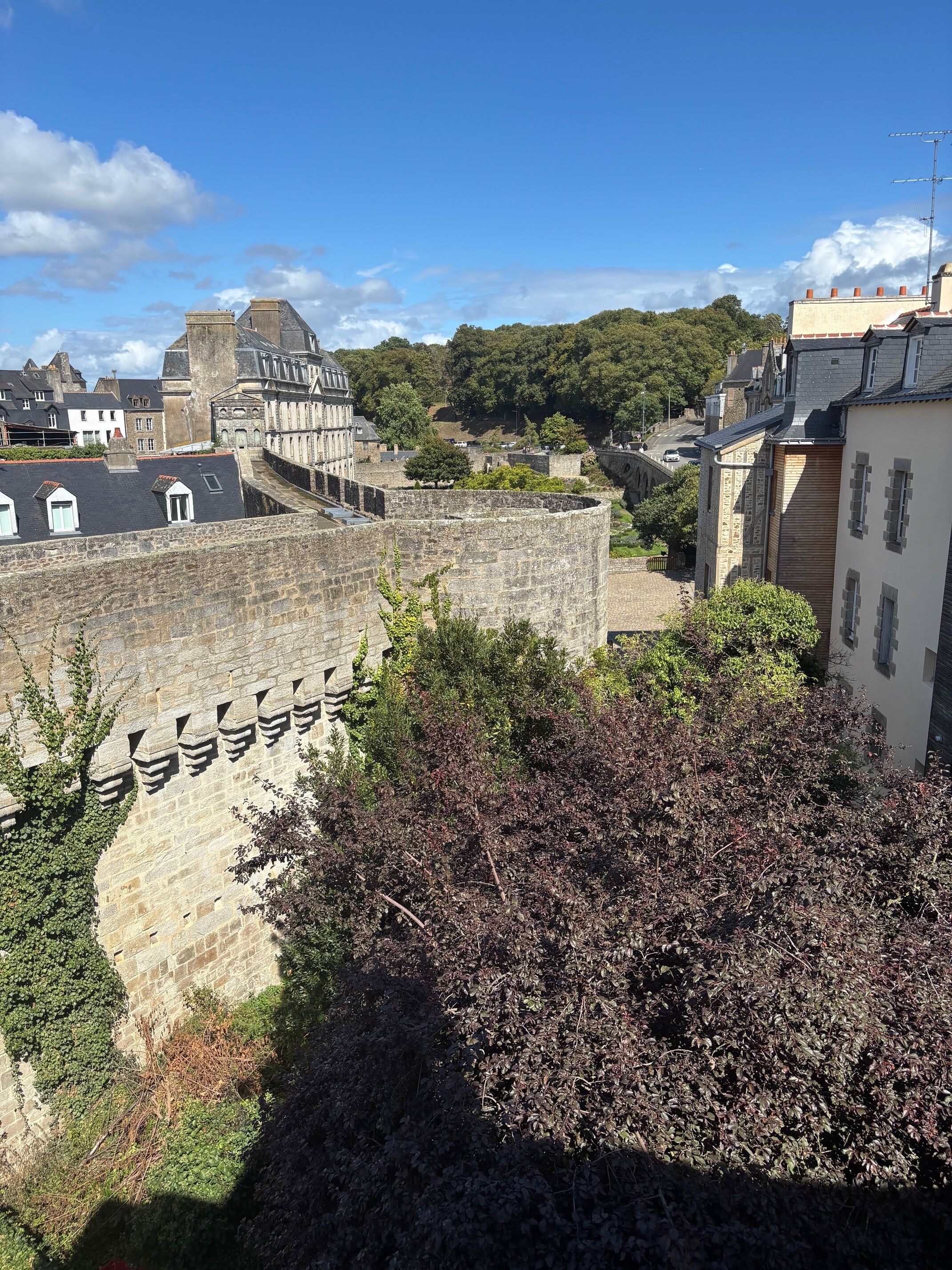 Un mur de pierre ancien, doté de créneaux, entouré de bâtiments et de verdure.