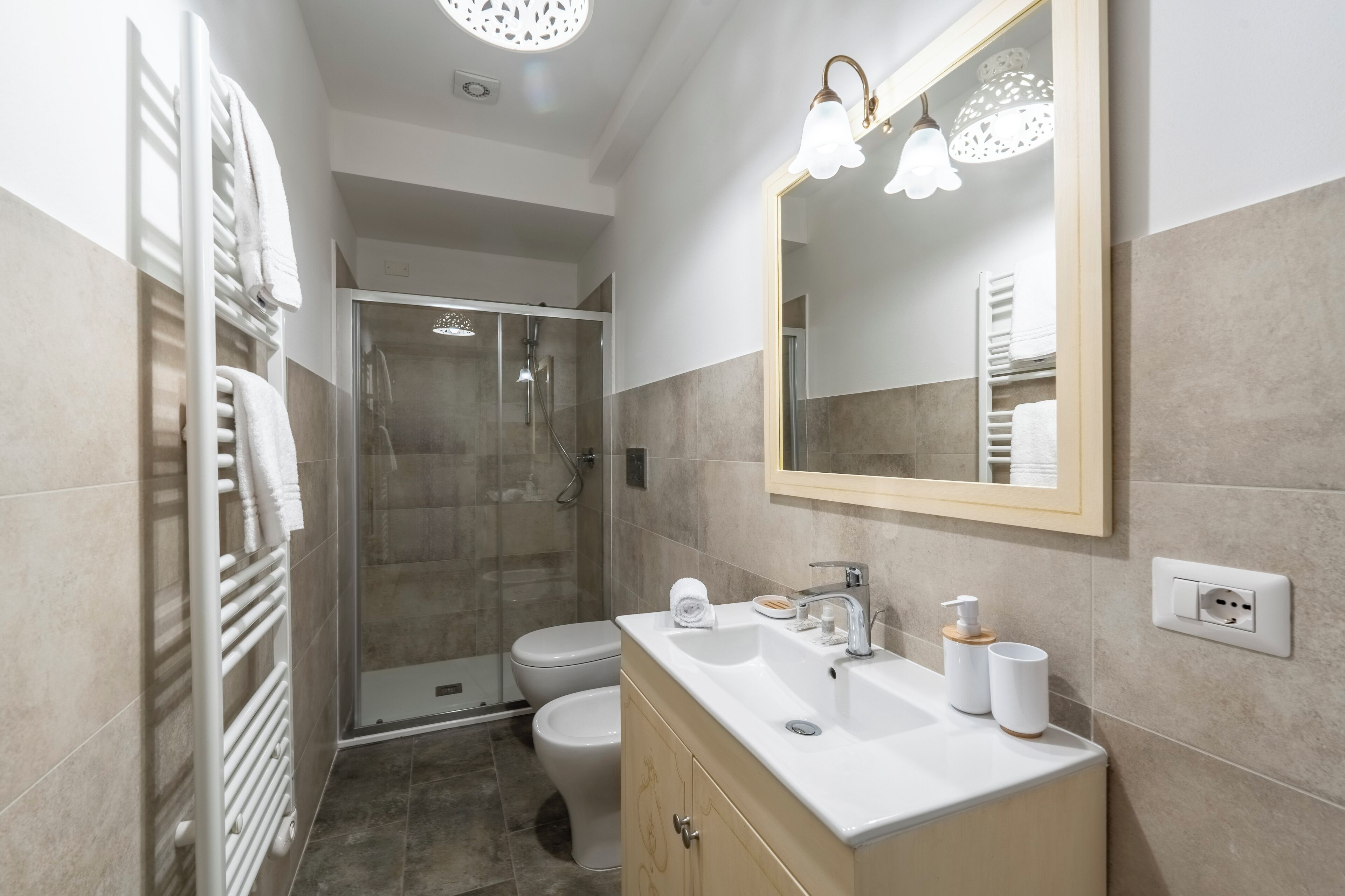 Hair dryer, towels, soap