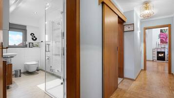 Shower, free toiletries, hair dryer, towels