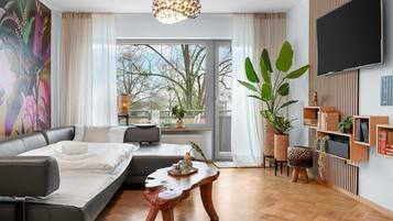 Smart-TV, Kamin, DVD-Player, Bücher