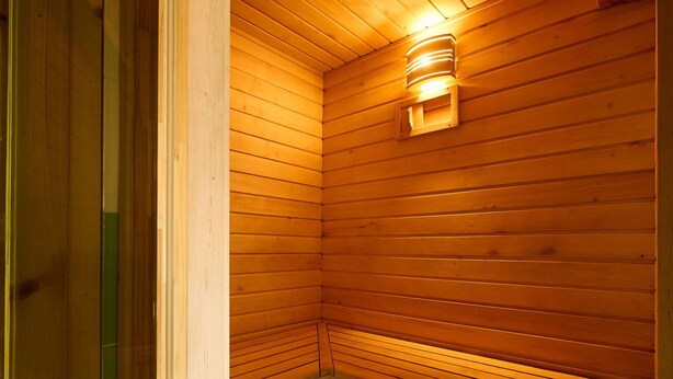 A wooden sauna with a sloped ceiling and a built-in bench. - Beautiful private villa with WIFI, private pool, TV, terrace, pets allowed and panoramic view (Semily)
