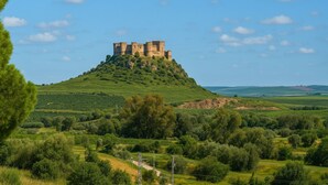 Un château perché sur une colline, offrant une vue dégagée sur le paysage environnant.