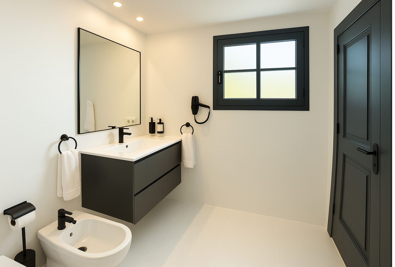Un baño moderno con un mueble de tocador oscuro, un lavamanos blanco, un bidé y un espejo grande.