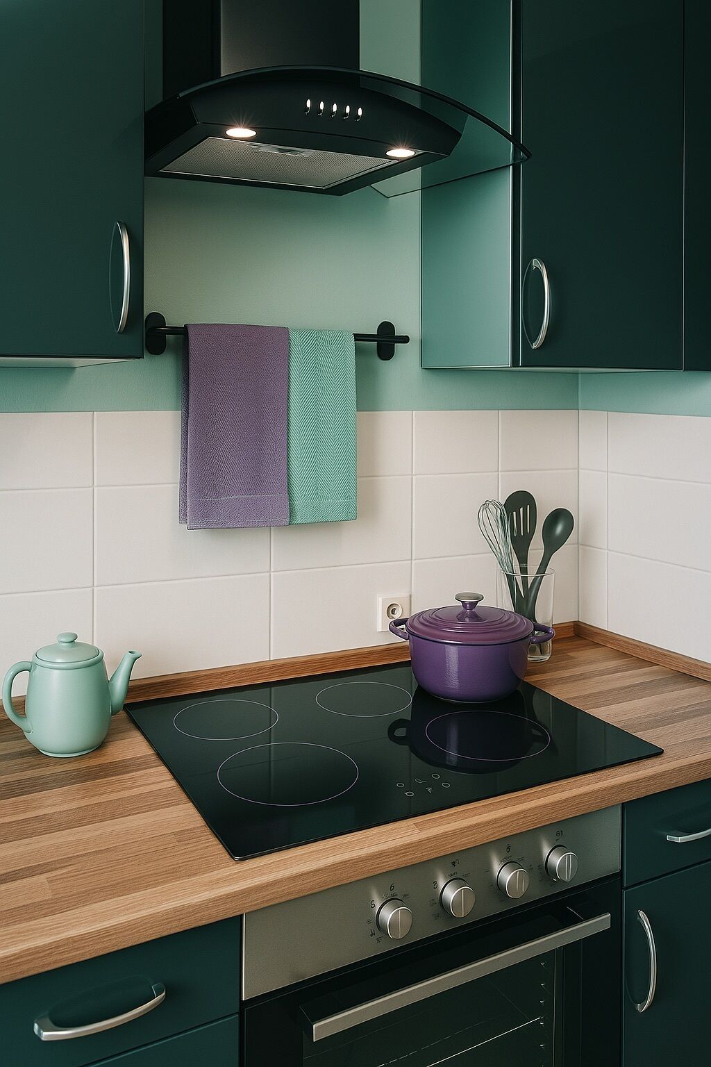 Una cocina moderna con una placa de inducción negra, una olla morada y un hervidor celeste.