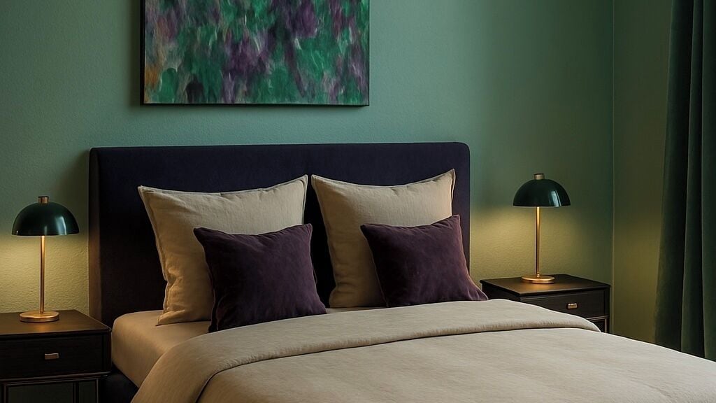 Una cama bien tendida con dos almohadas, cabecero y dos mesitas de noche con lámparas.