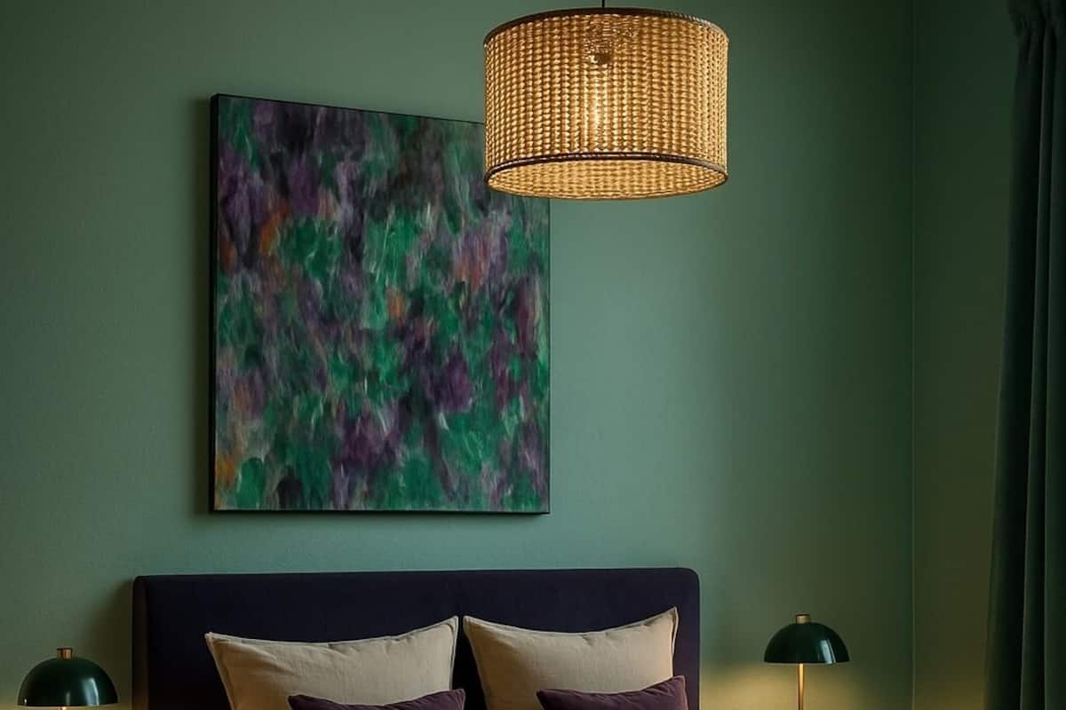 Een slaapkamer met een donkerblauwe bed, twee nachtkastjes met lampen, een geweven hanglamp en een groot abstract schilderij aan de muur.