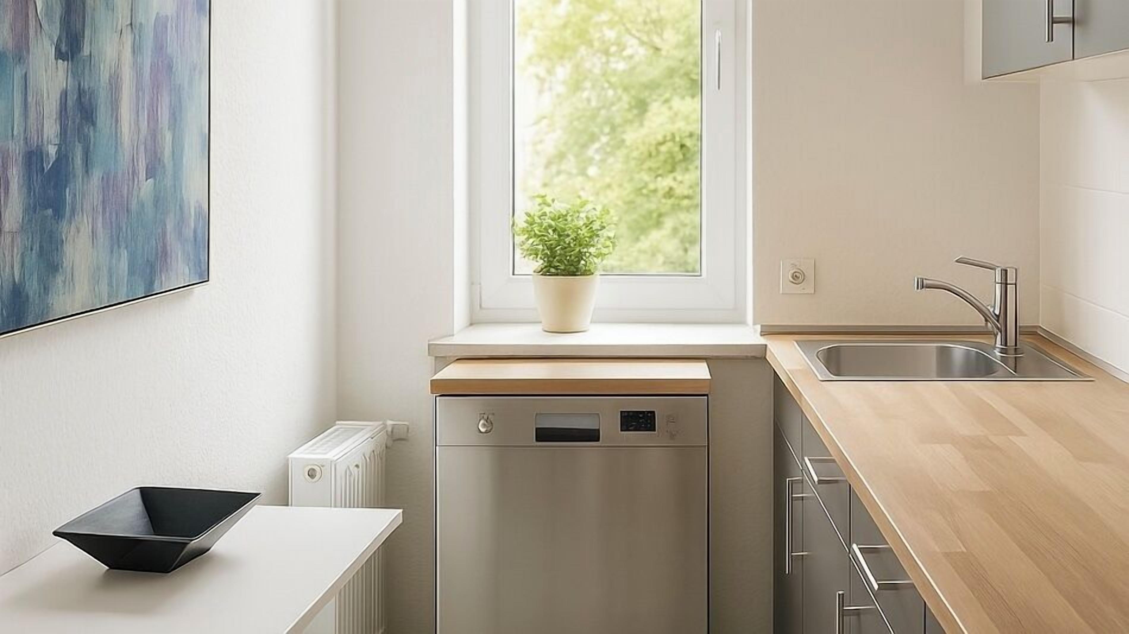 Cocina compacta con lavavajillas integrado, un lavamanos y un ventanal con una planta.