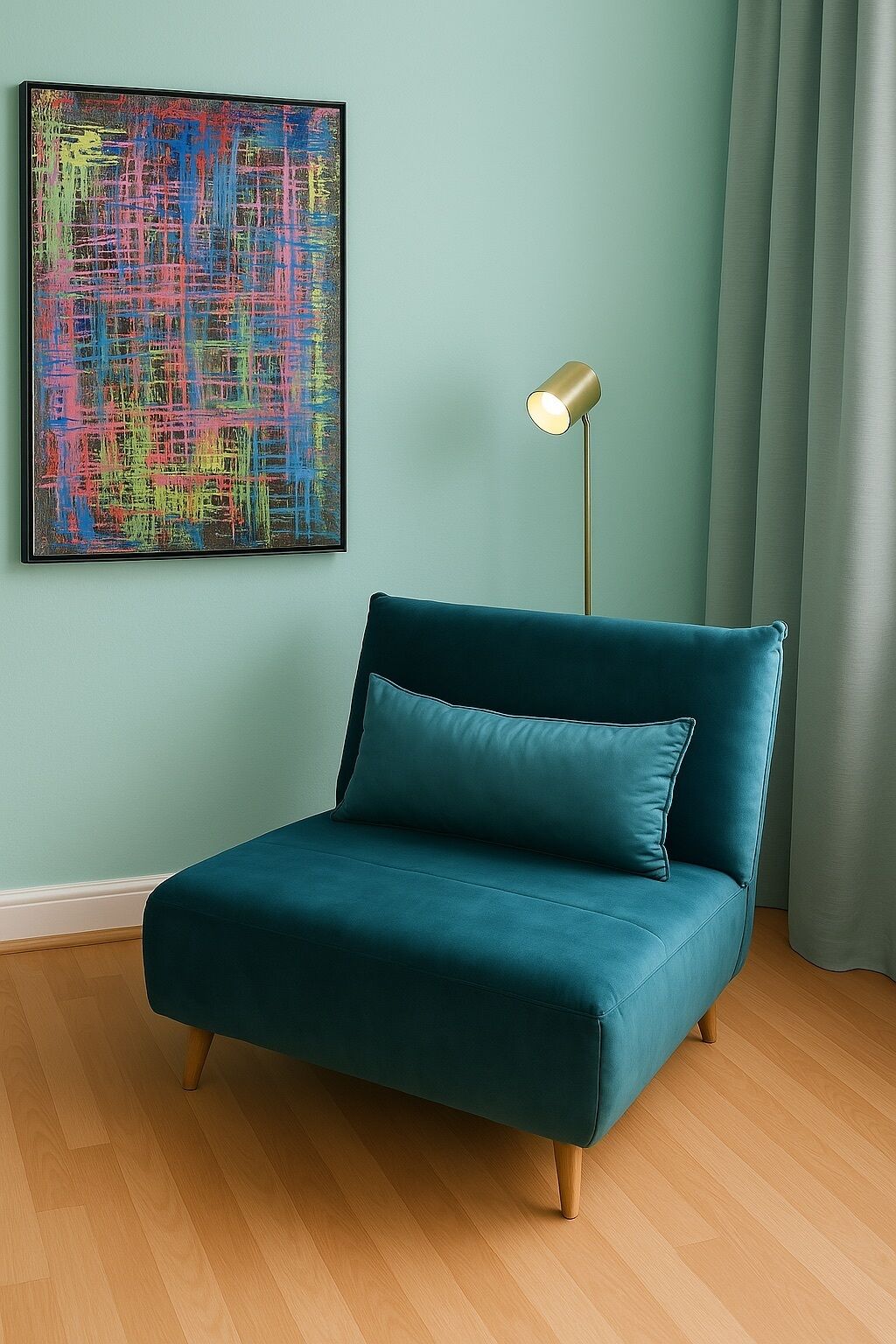 A teal sofa with wooden legs, a gold floor lamp, and a colorful abstract painting on the wall.