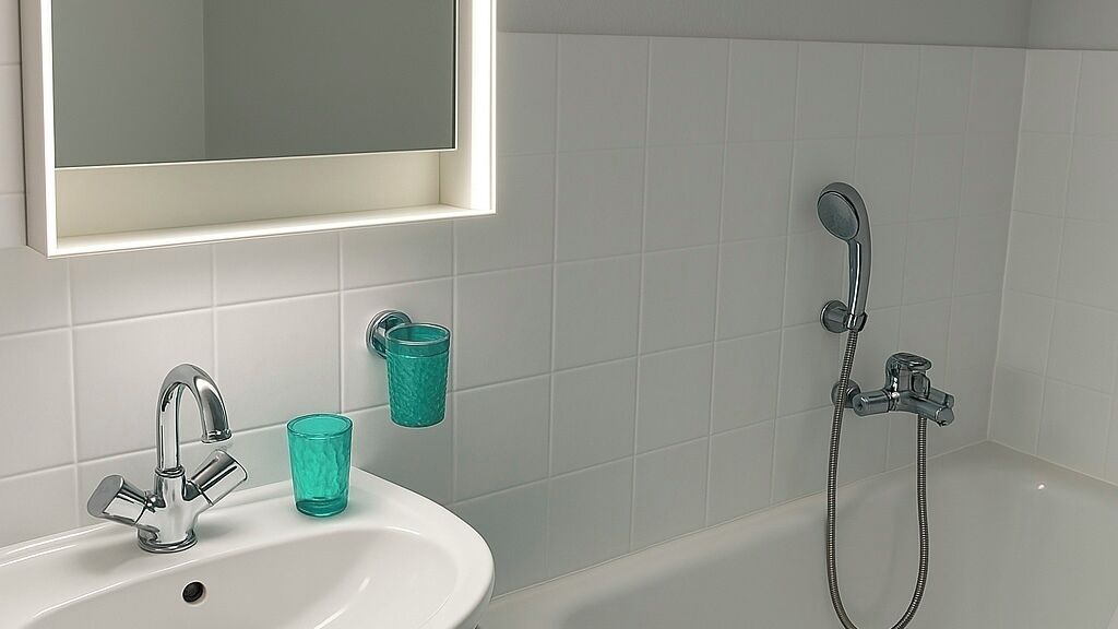 A bathroom with a white sink, a mirror, a shower, and a glass of water.