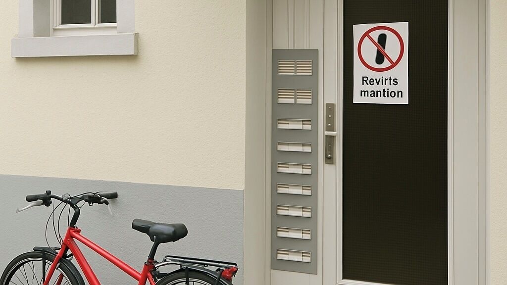 A red bicycle parked in front of a door with a 'Reverts mention' sign.