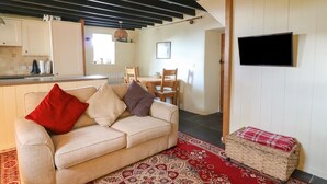 Un salon chaleureux avec un canapé, un tapis aux motifs rouges et beiges, un banc en osier et un téléviseur à écran plat fixé au mur.
