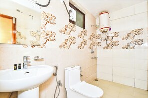 Standard Double Room, Balcony | Bathroom | Shower, rainfall showerhead, free toiletries, slippers - Hotel The Varuni Mcleodganj Near Temple (Dharamshala)