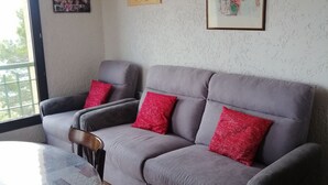 A living room with a grey sofa, red cushions, a glass table, and a framed picture on the wall. - 3-room apartment 55 m2, terrace 15 m2, breathtaking view, sleeps 4, air-conditioned, WIFI (Sainte-Croix-du-Verdon)