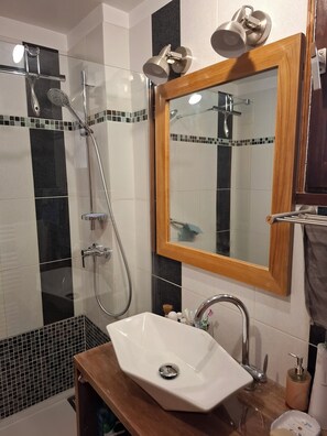 Shower, hair dryer, soap, shampoo
