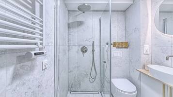 Hair dryer, towels, soap, shampoo
