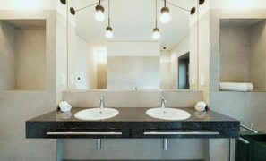 Hair dryer, towels, soap, shampoo