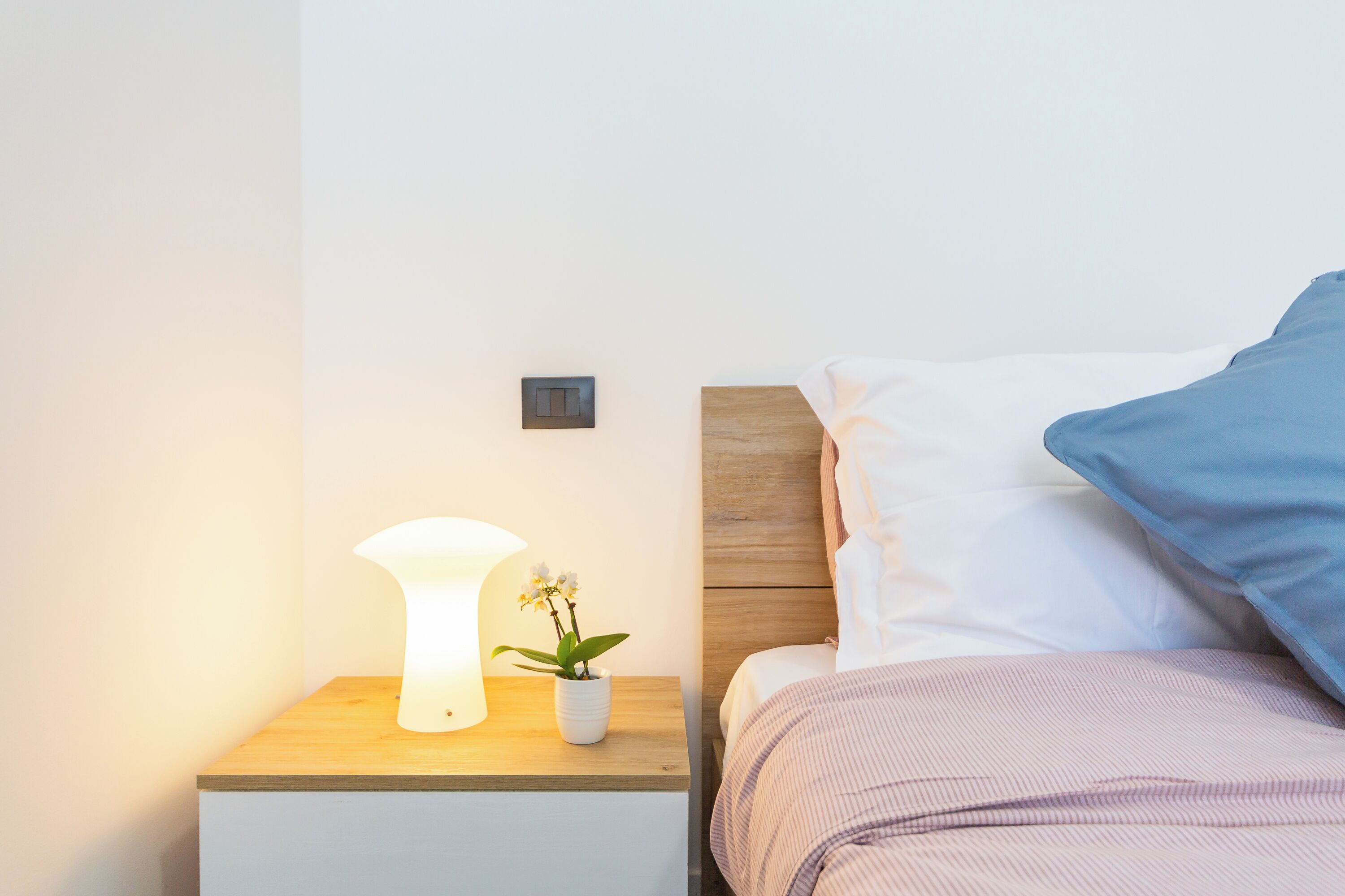 Un lit bien fait, avec un oreiller bleu, une lampe de chevet et une petite plante en pot posée sur une table de chevet en bois.