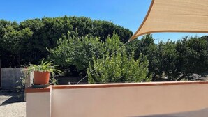 Une terrasse agrémentée d’un pot de fleurs, d’un auvent de couleur beige et d’une végétation luxuriante en arrière-plan.