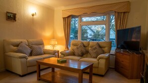 Ein Wohnzimmer mit zwei Sofas, einem Couchtisch, einem Fernseher und einer Lampe.